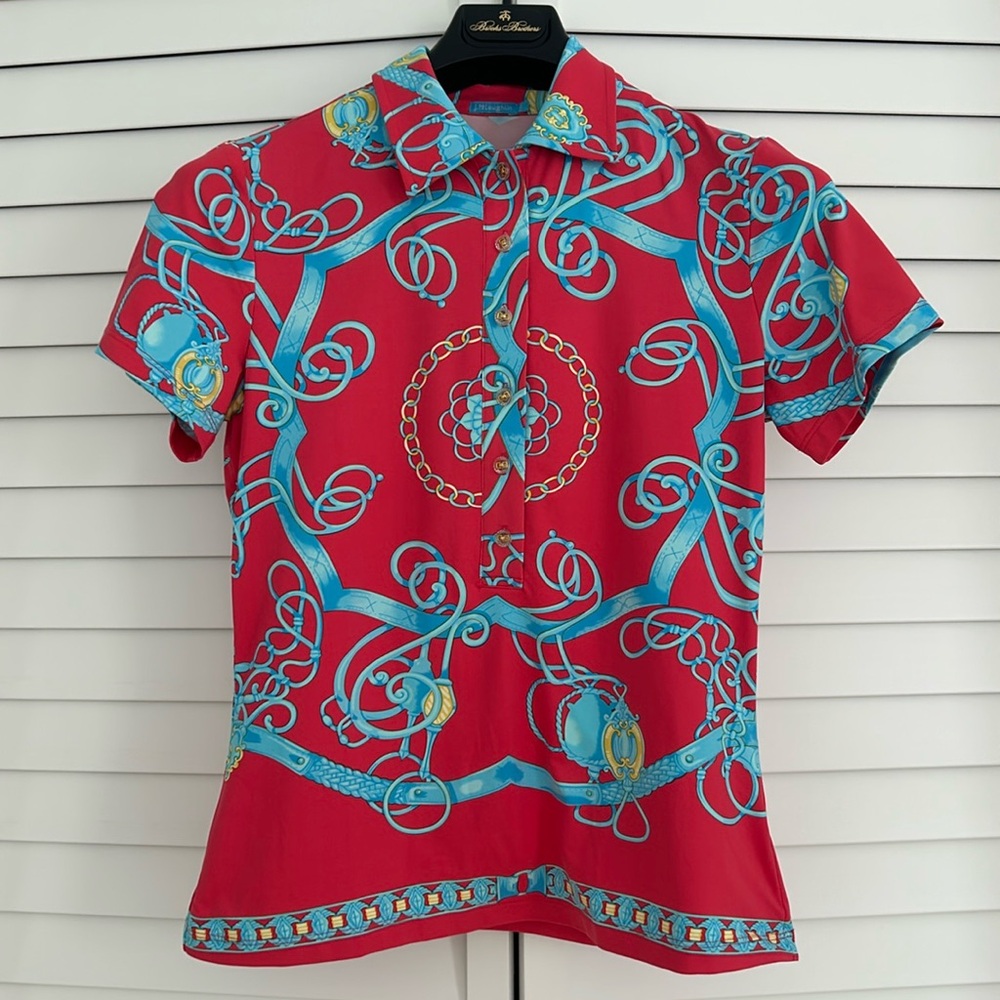 J. McLaughlin Short Sleeve Catalina Cloth Equestrian Print Top